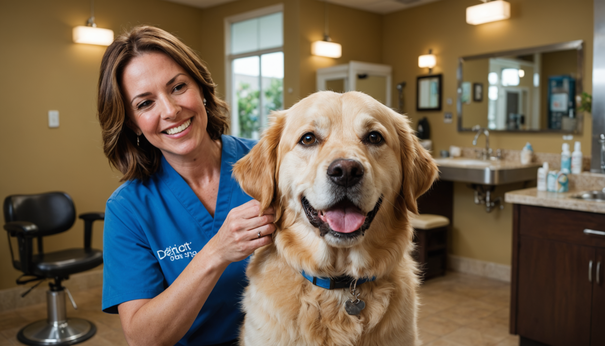 Certified groomer using a de-shedding brush on a fluffy golden retriever at a grooming salon