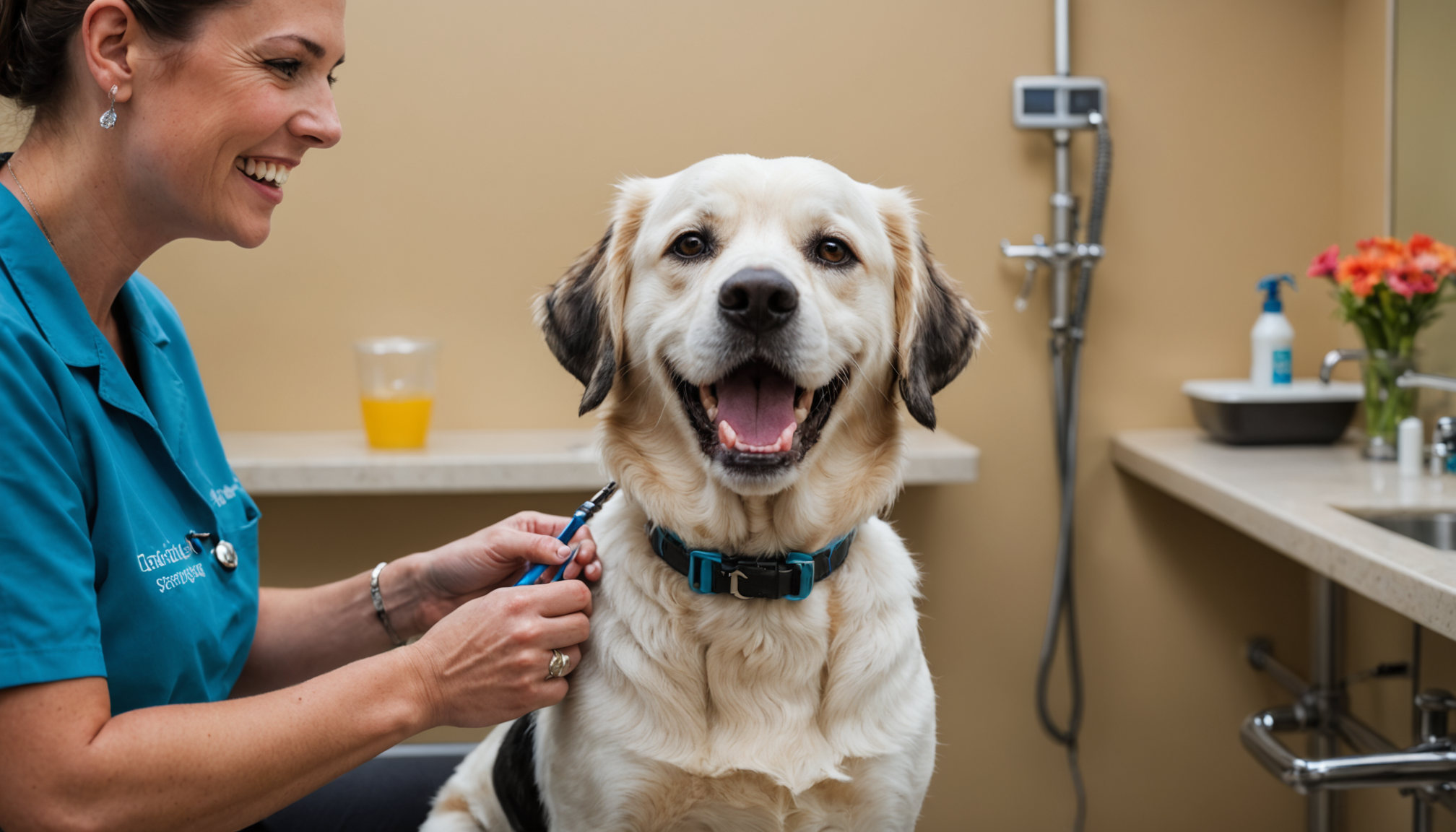 Smiling groomer gently brushing a happy dog's teeth in a bright salon.