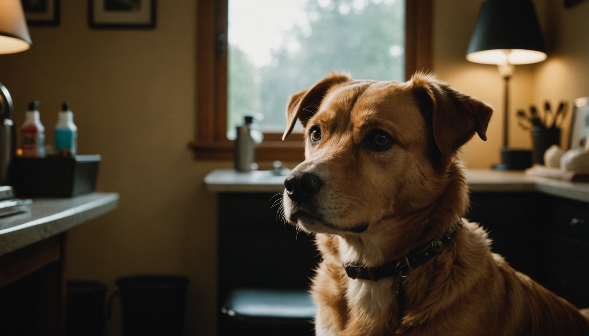 Fluffy golden dog on grooming table under soft studio lighting, looking calm and relaxed
