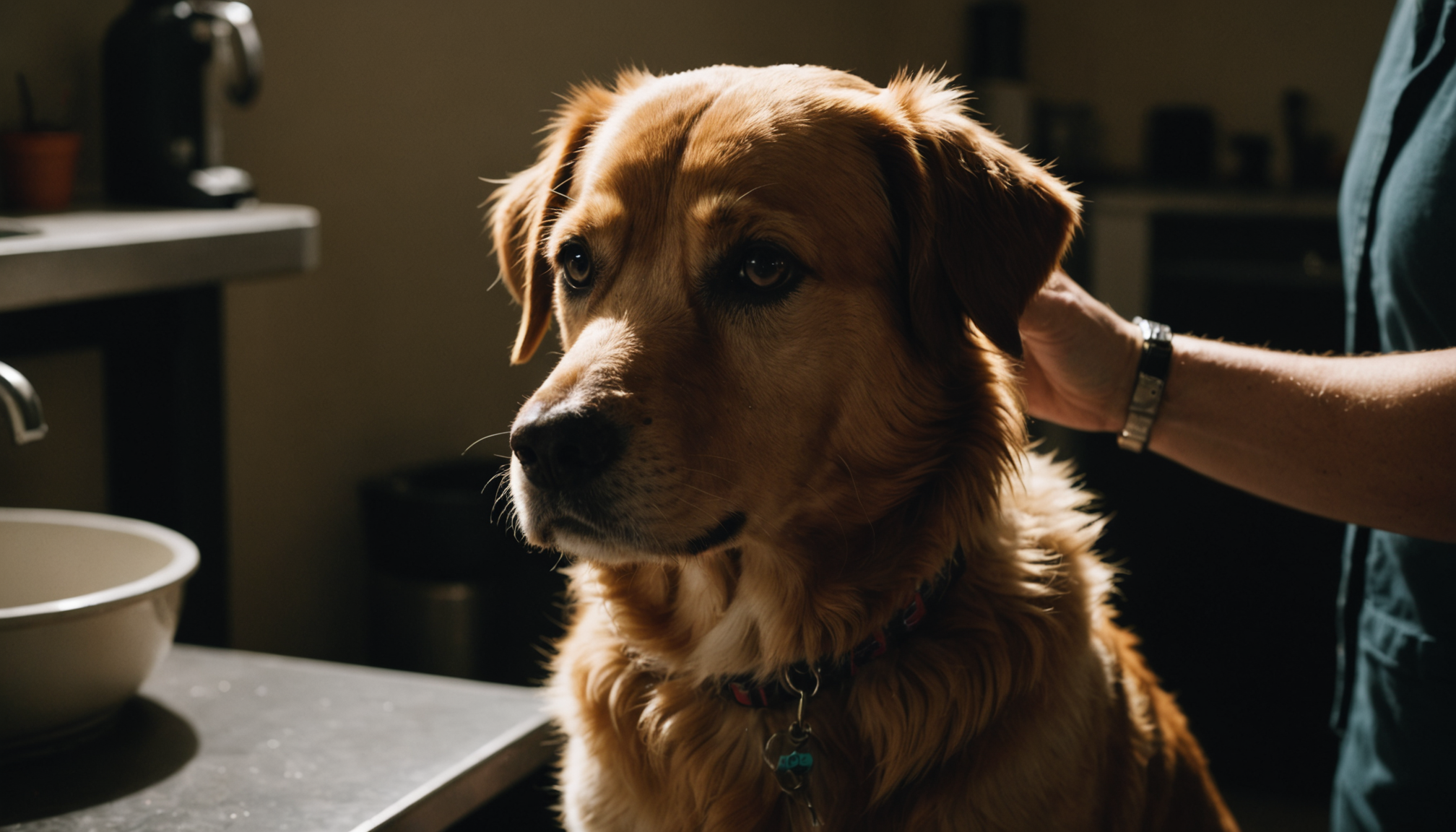 Certified groomer gently brushing a nervous fluffy dog under soft studio lighting