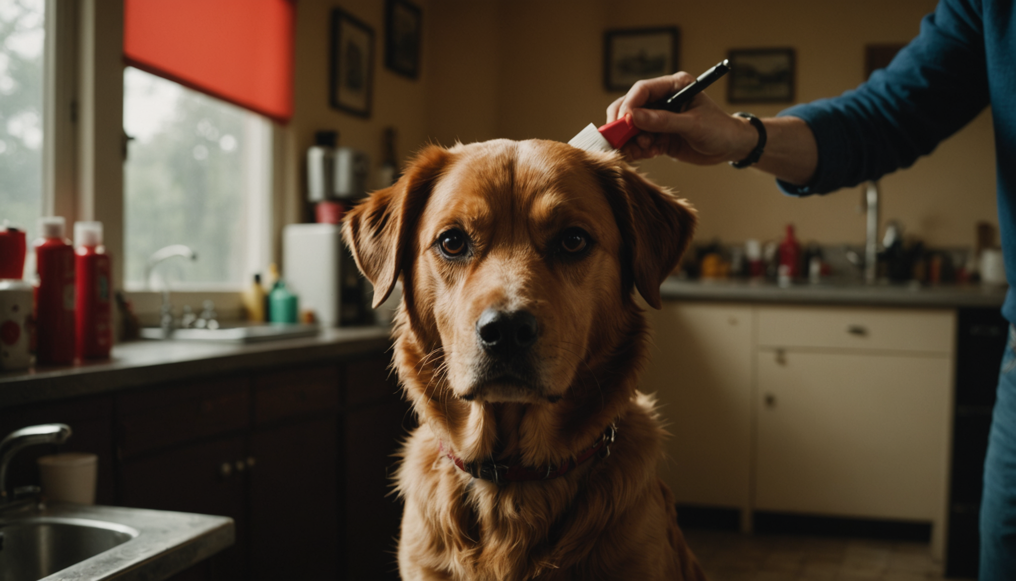 Certified groomer brushing a fluffy freshly groomed dog on a grooming table with soft studio lighting
