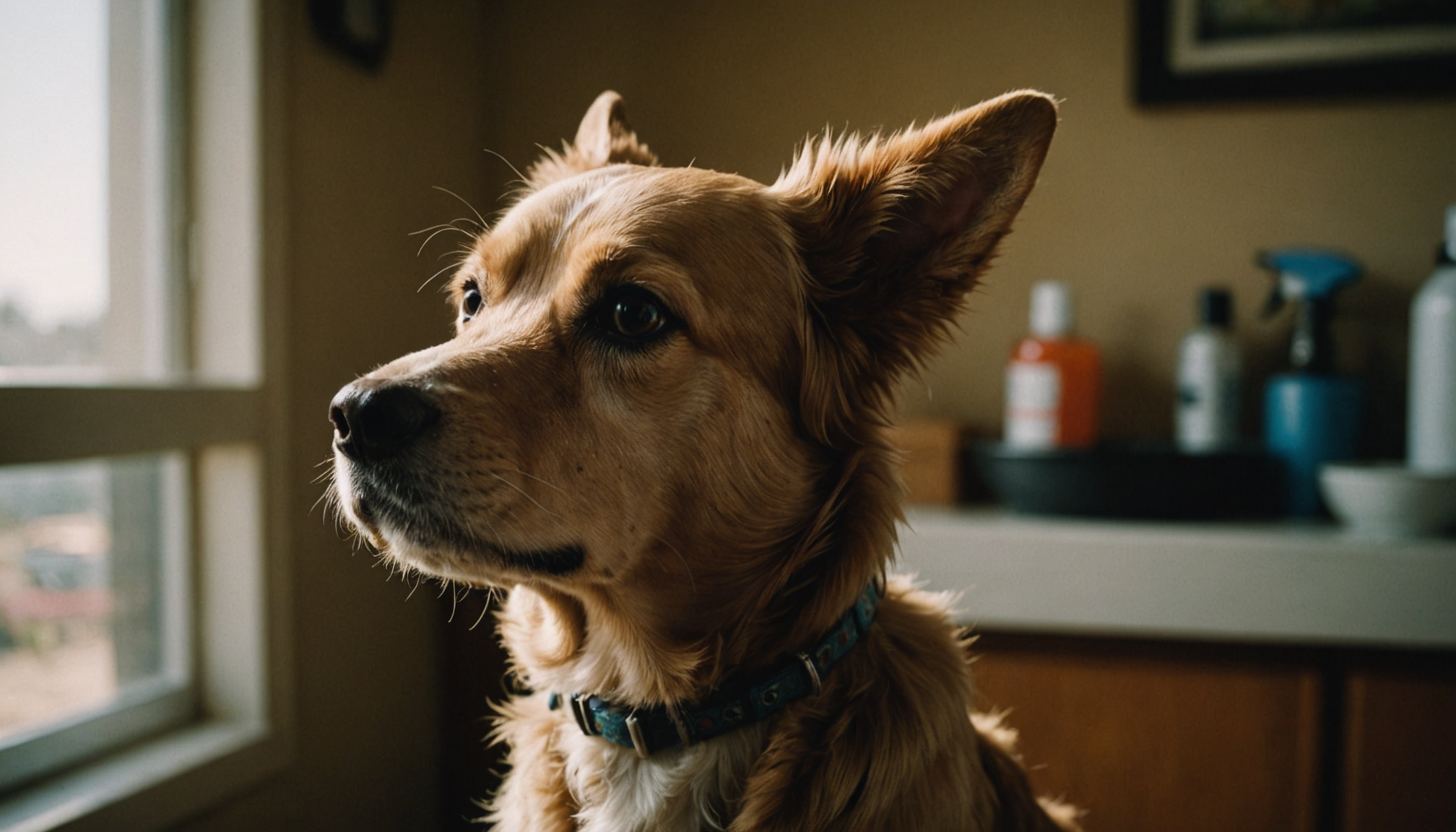 Certified groomer gently brushing a fluffy calm dog on grooming table with soft studio lighting