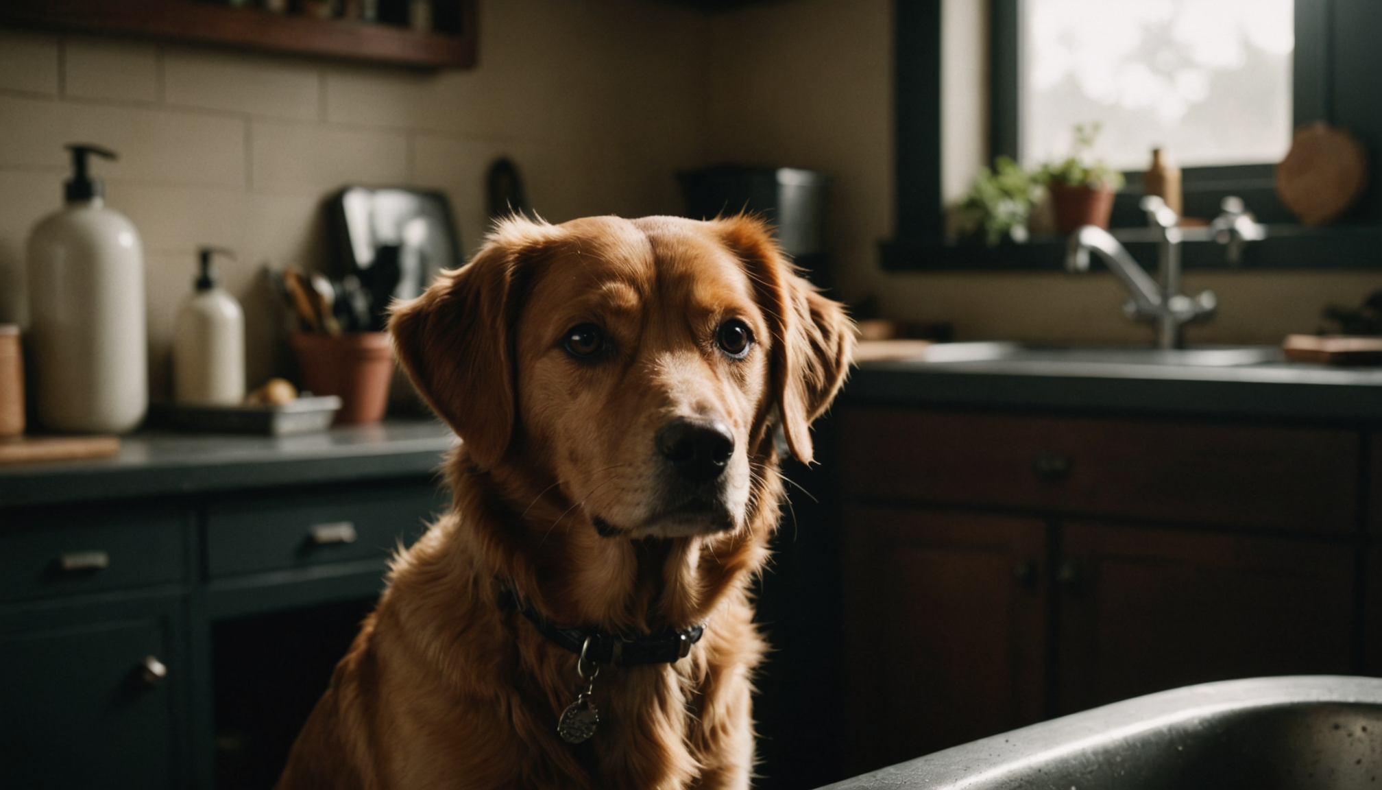 Fluffy freshly groomed golden retriever on a grooming table under soft studio lighting