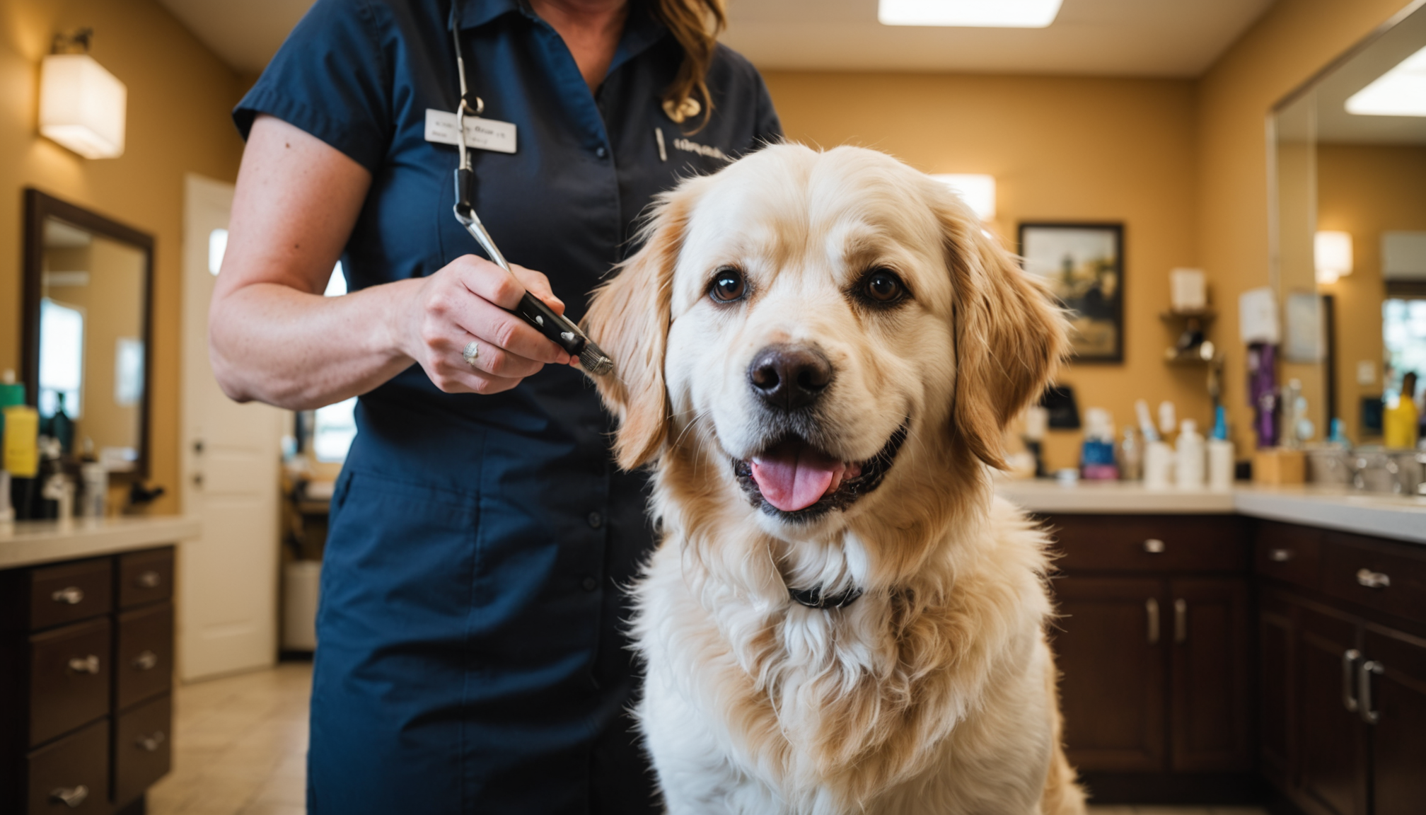 Certified groomer trimming a fluffy golden doodle on a grooming table at a pet spa