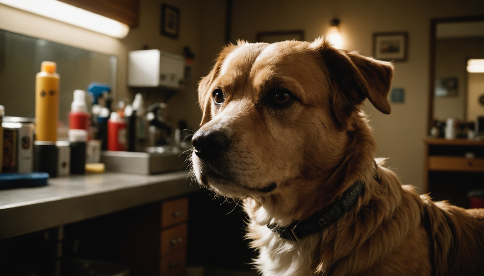 Certified groomer brushing a fluffy freshly groomed dog on a grooming table with soft studio lighting