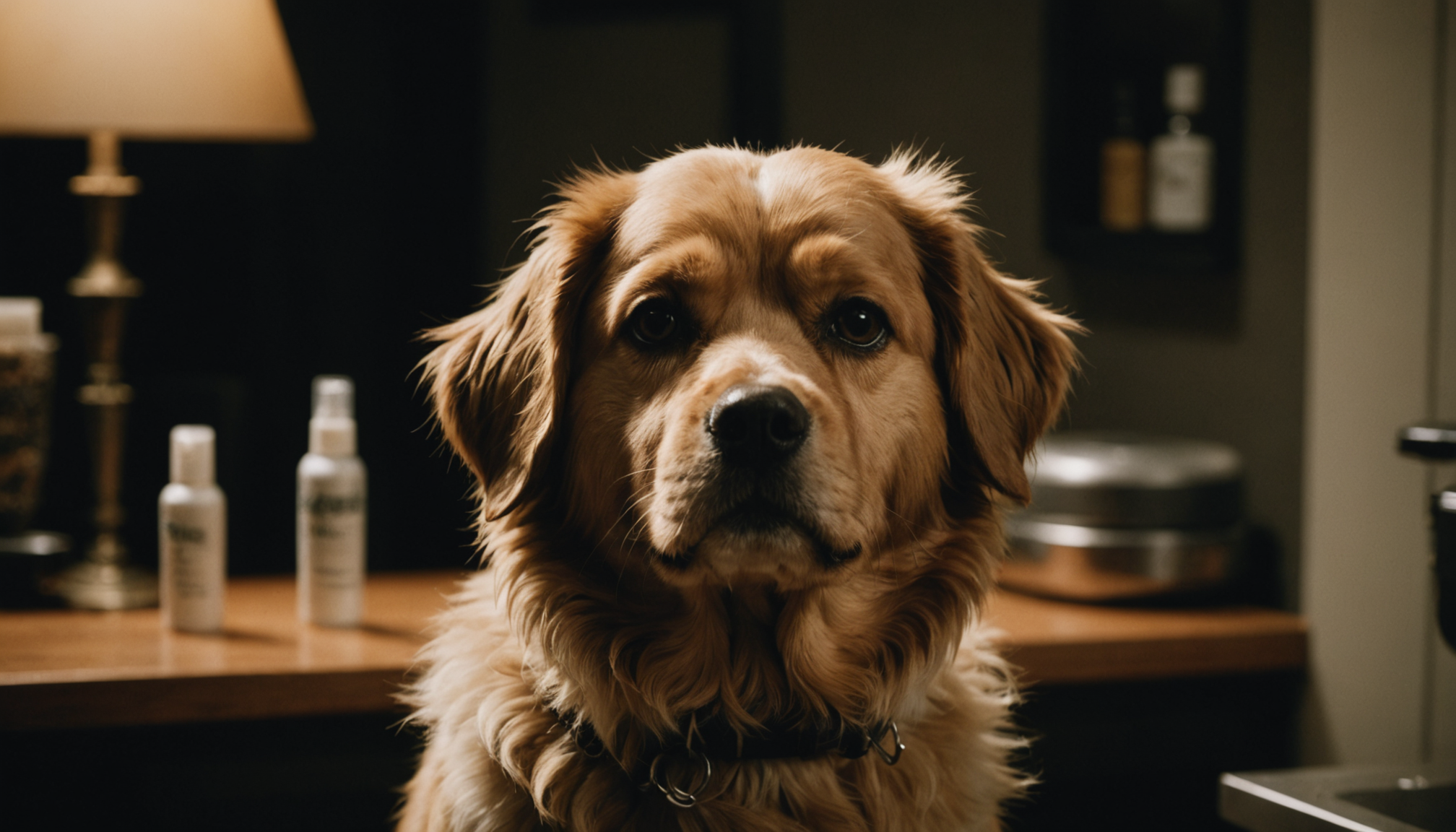 Fluffy golden doodle freshly groomed on a salon table under soft studio lighting
