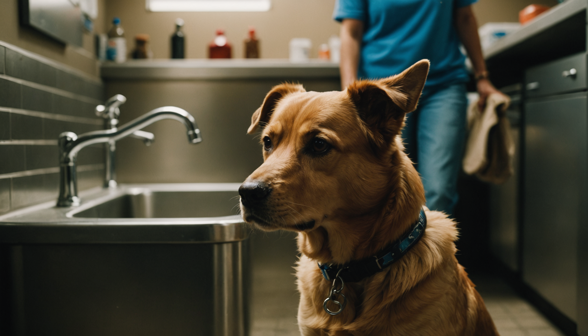 Dog owner rinsing a golden retriever at a self-service dog wash station with tiled walls and warm overhead light
