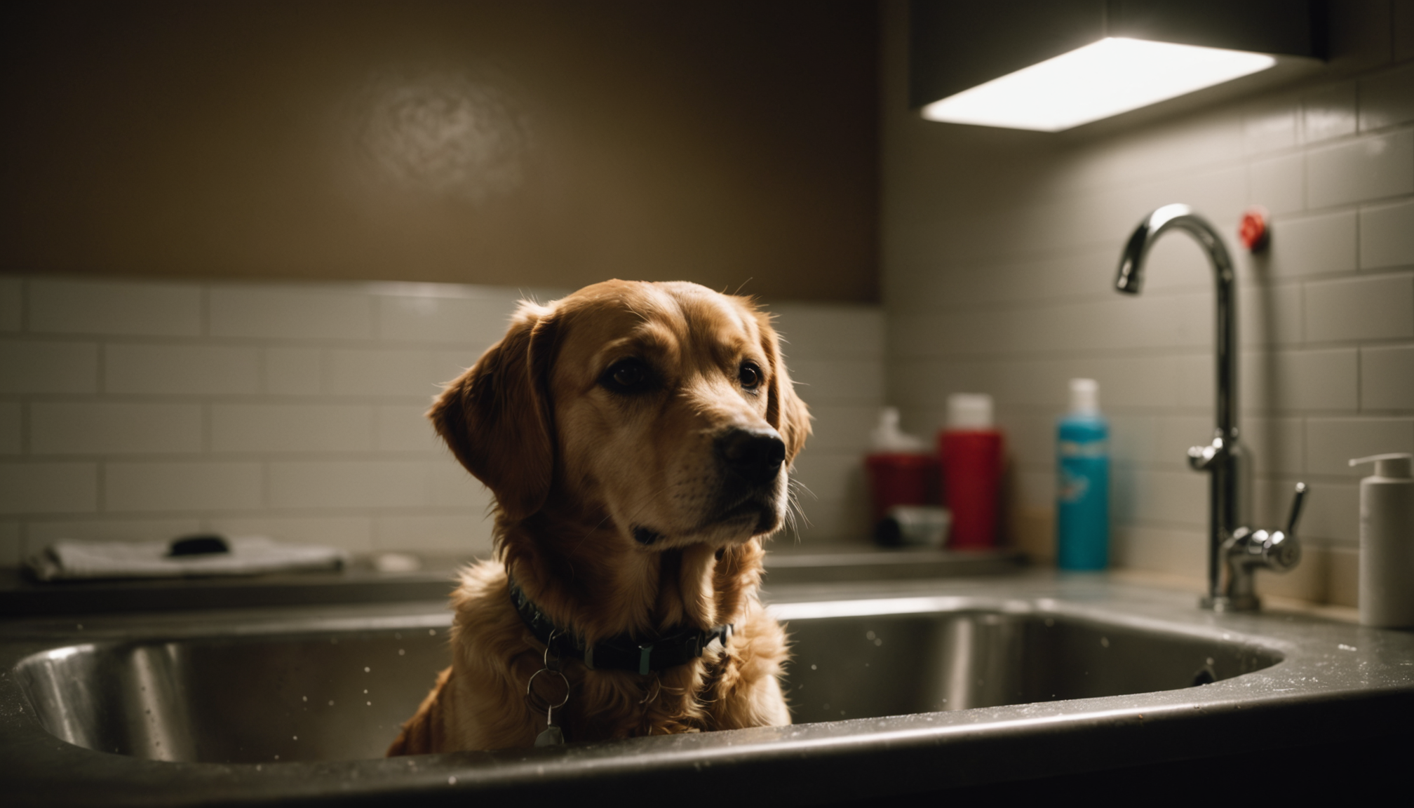Fluffy golden retriever standing at a tiled self-service dog wash station with warm overhead lighting