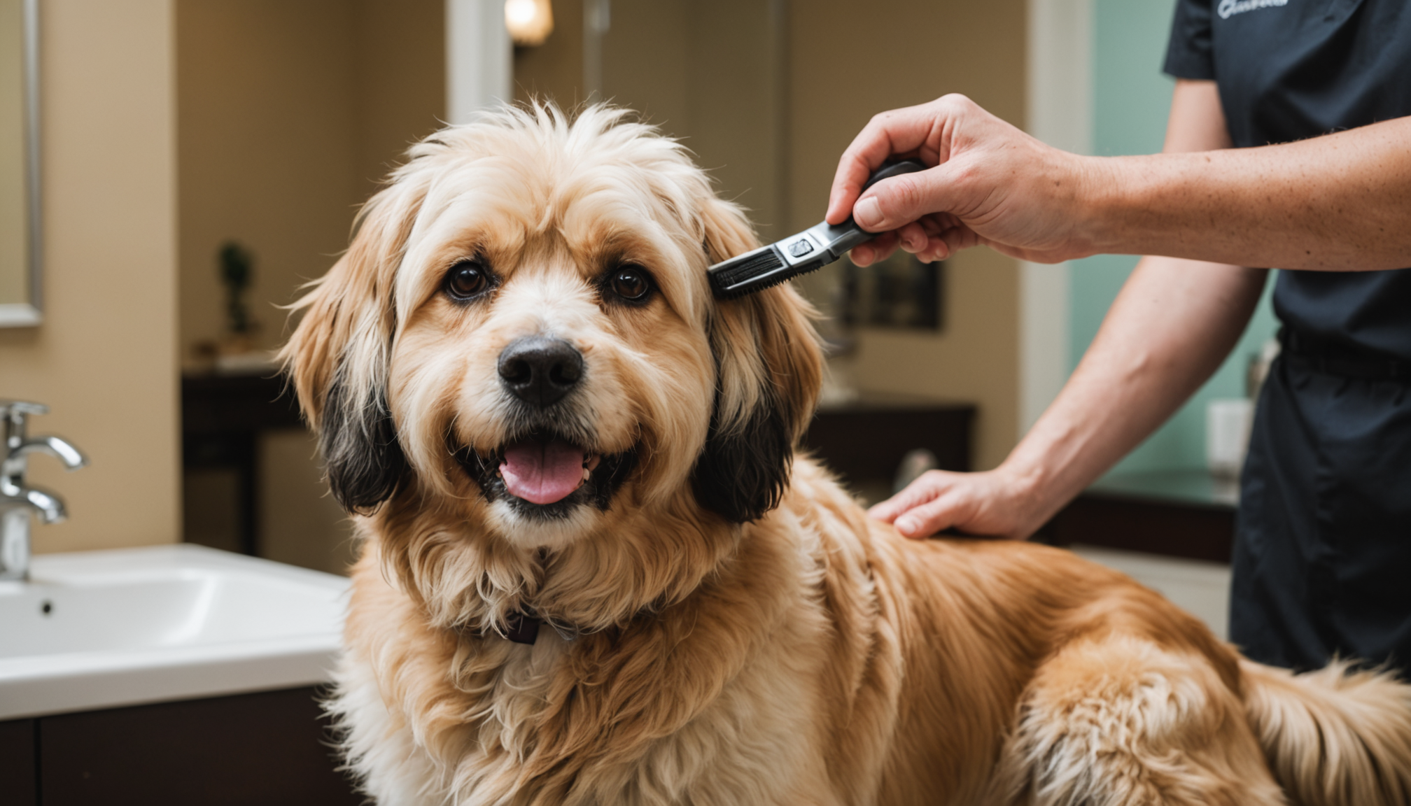 Happy dog being gently brushed by owner on sunny outdoor patio.