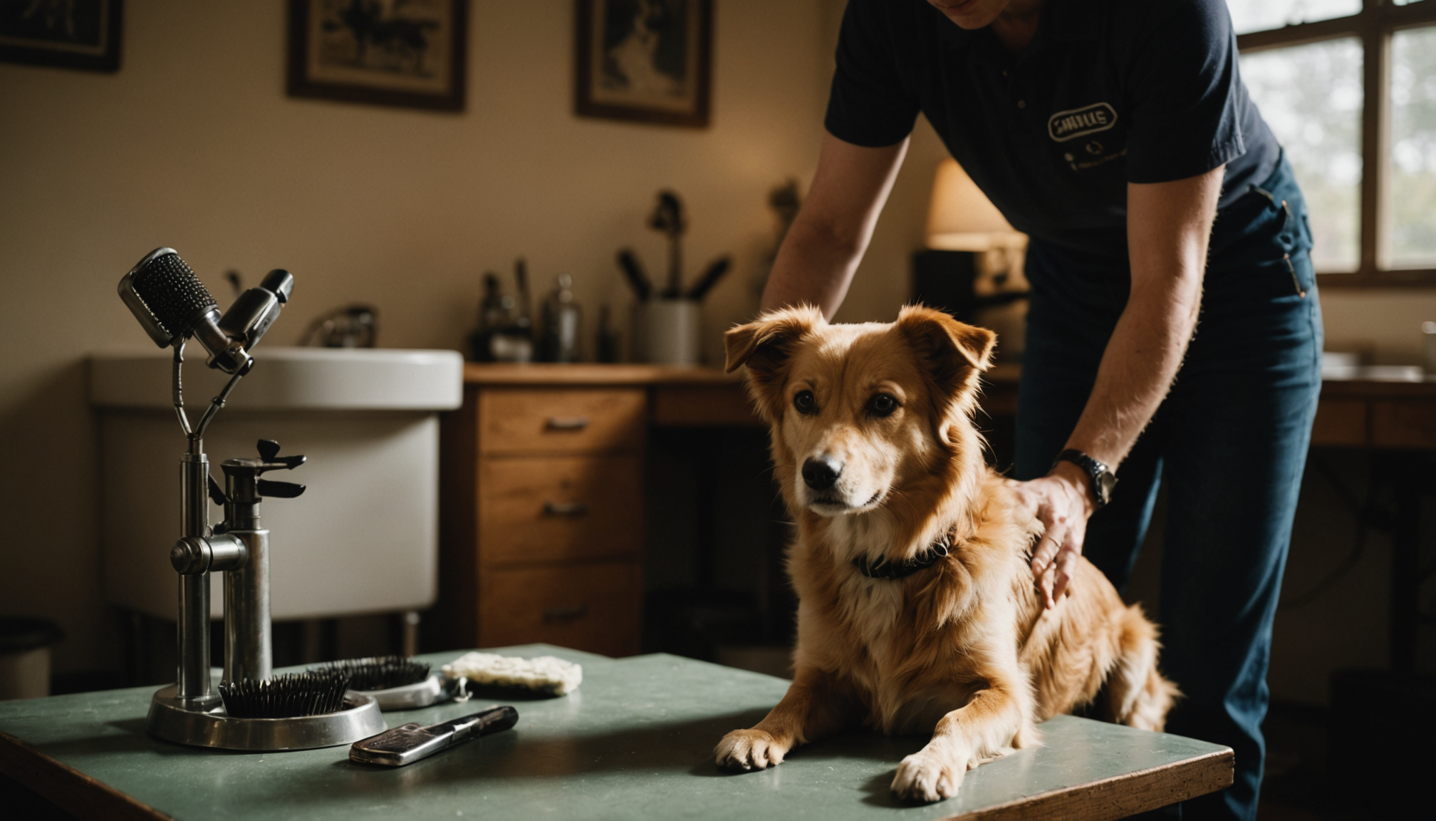 Certified groomer calmly brushing a fluffy freshly groomed dog on a grooming table with soft studio lighting