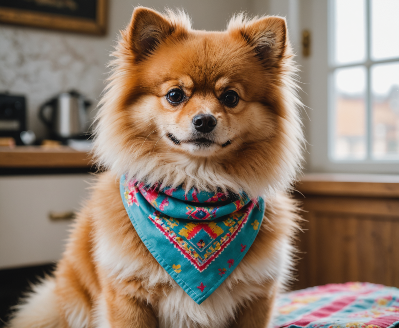 Freshly groomed dog with bandana